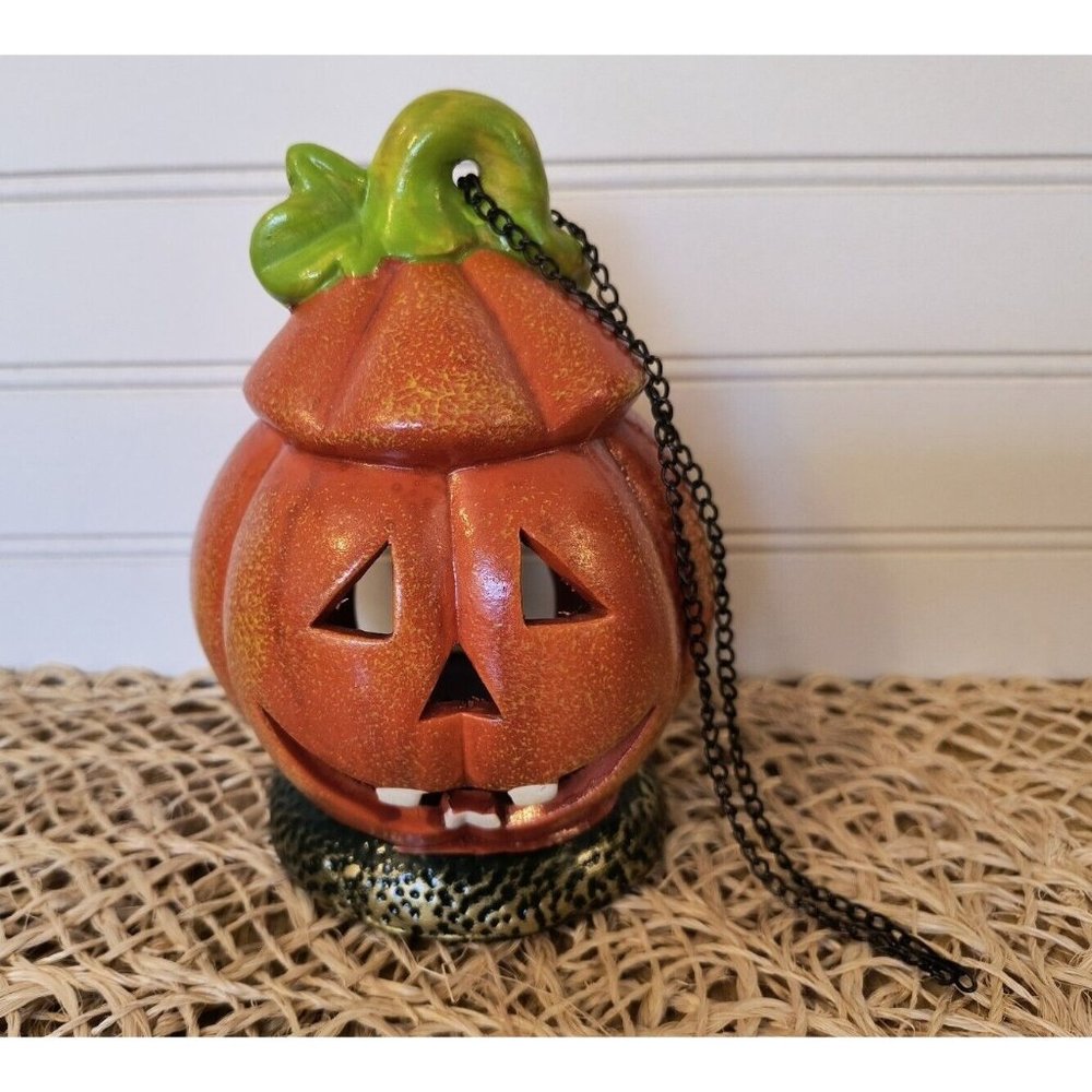 Vintage Goofy Jack-o'-Lantern  Votive Holder w/ Hanger, Funny Face, Smiling EUC